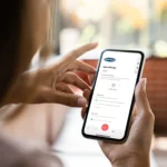Woman holding mobile phone using SafeTCard Mobile App